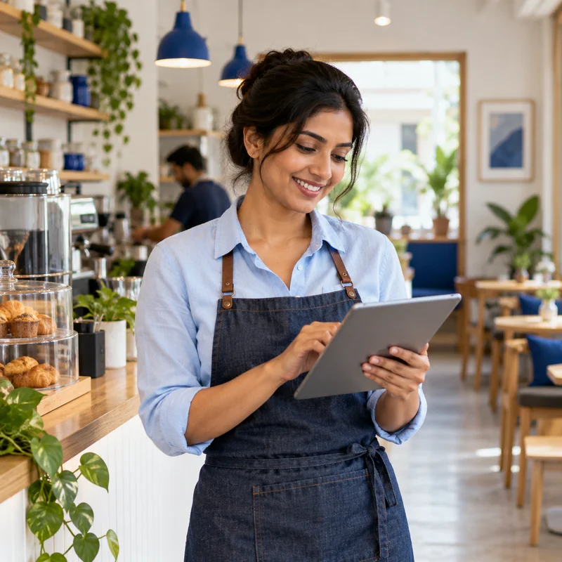 Cafe owner reviewing her business information on a tablet